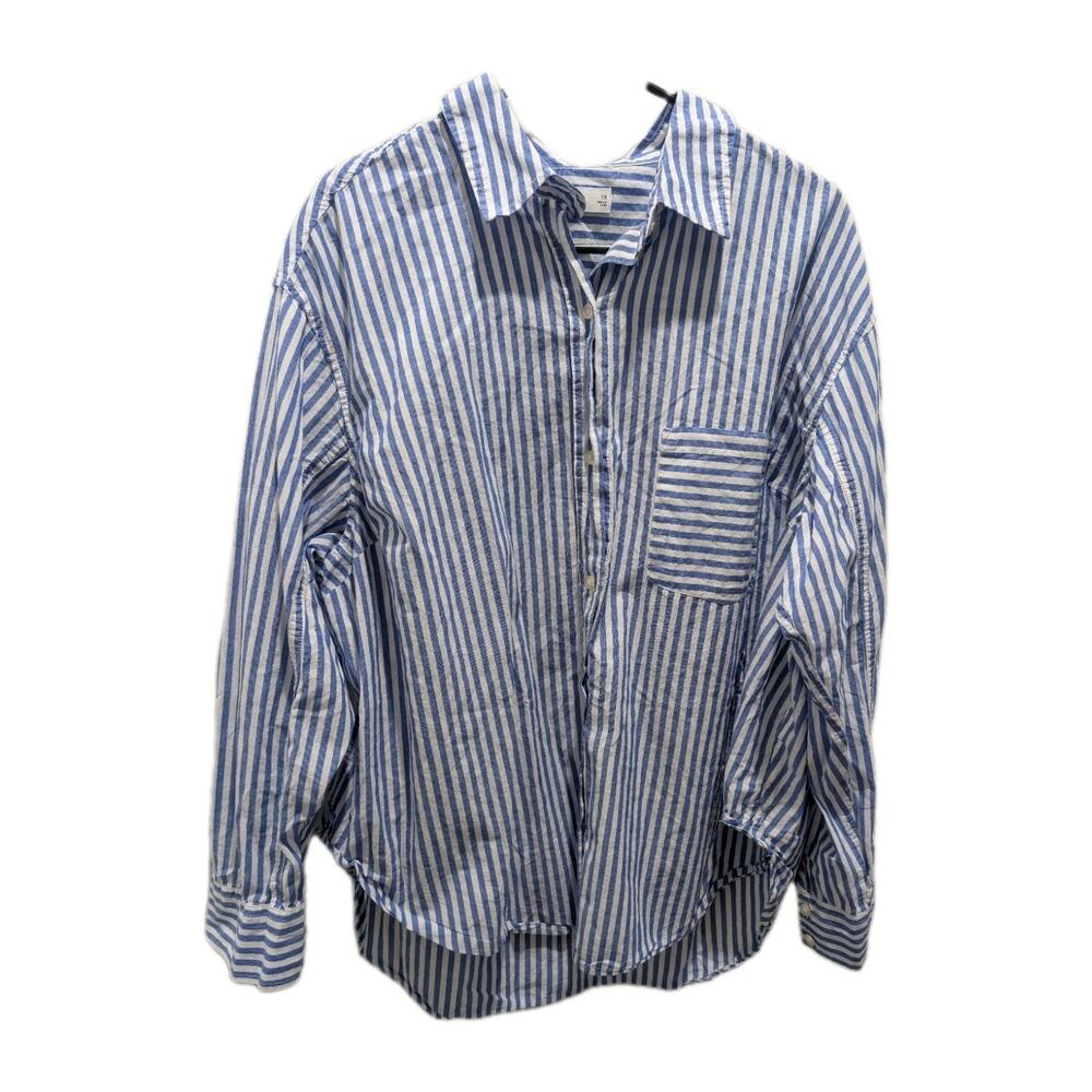 Sonoma Blouse Shirt 💯 Cotton Striped Women's Blue Button Up Top Size 1X Collar